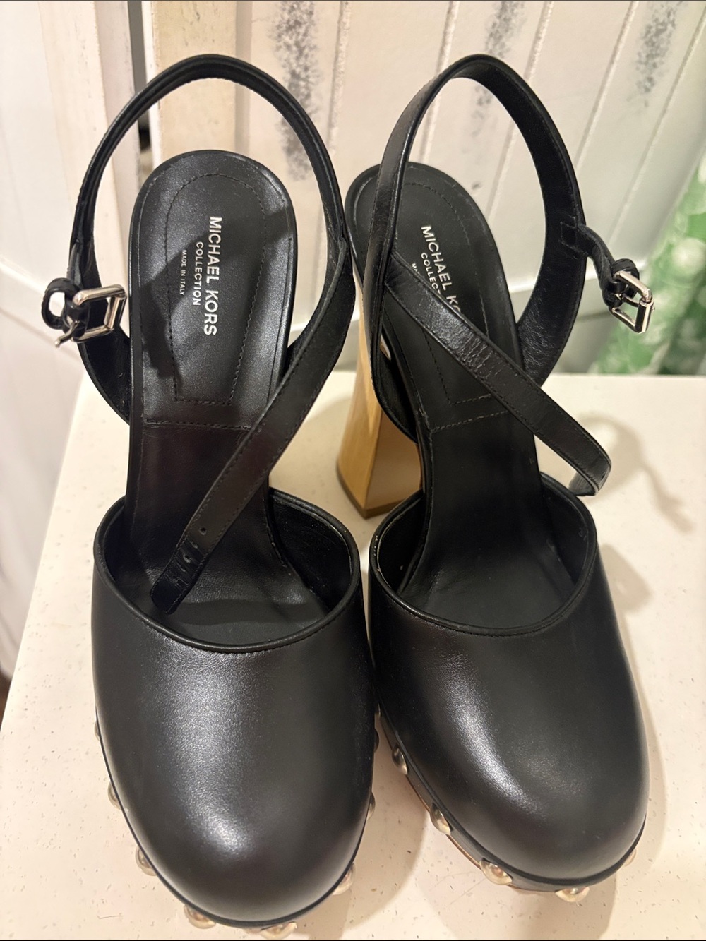 Michael Kors Black Leather Platform Slingback Heels with Gold Block Heel Accents